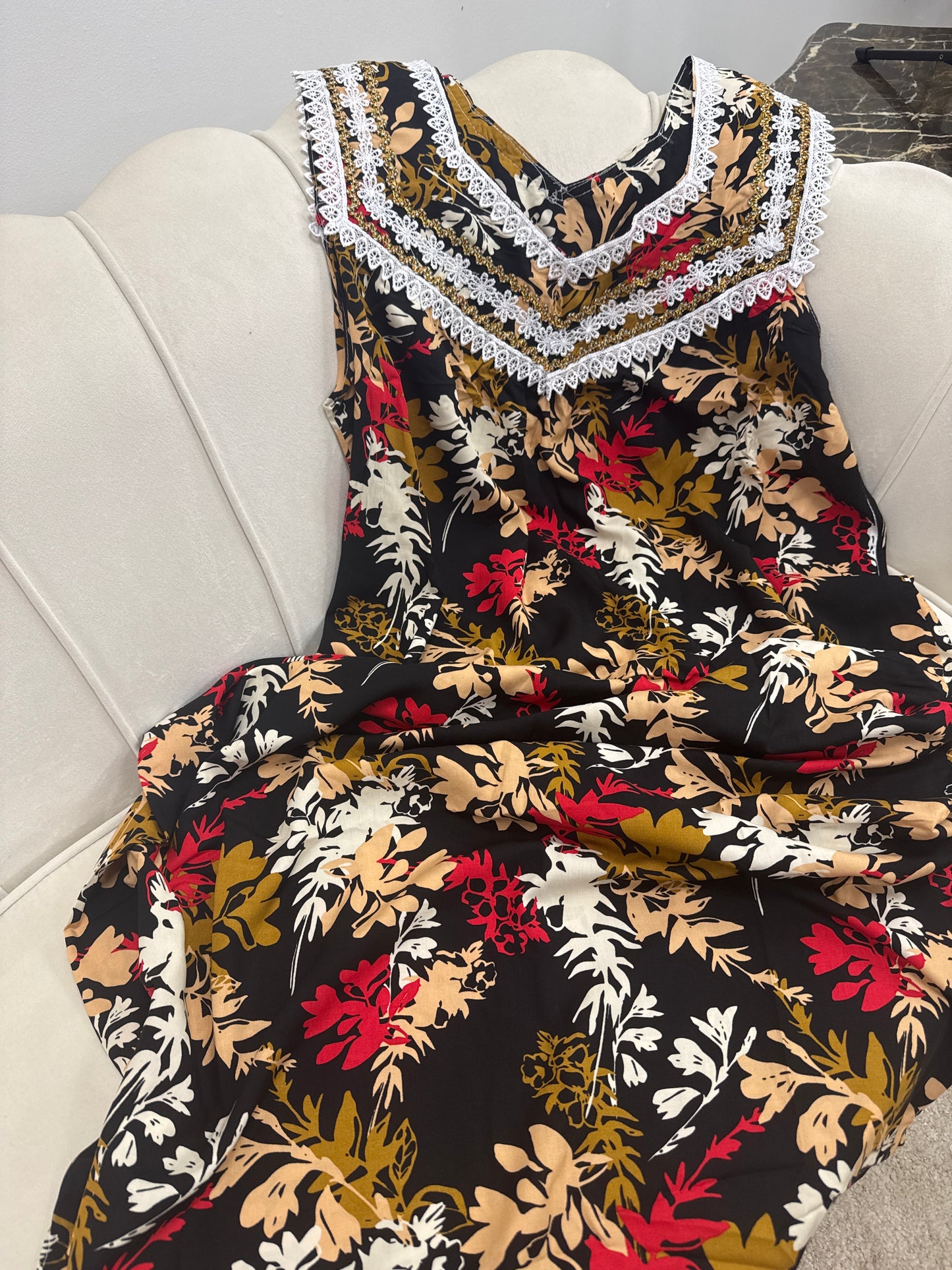 Robe, maison sans manches grande fleur, 